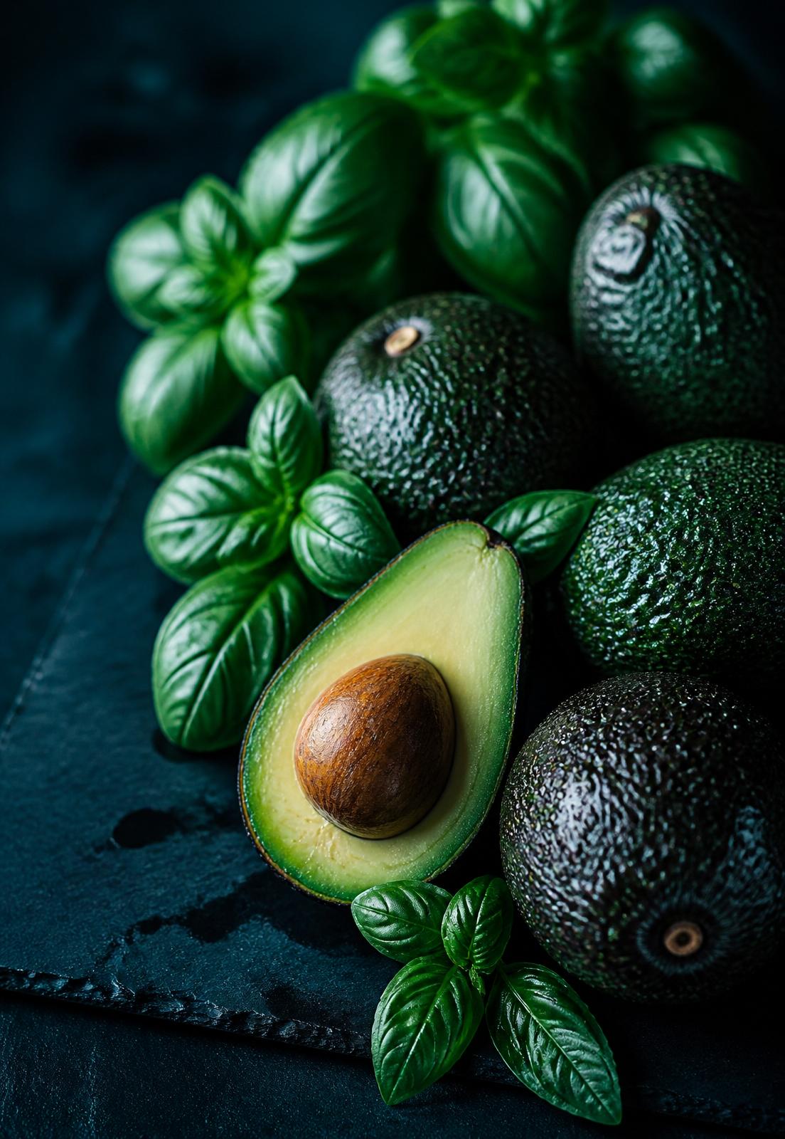 Fresh Kenyan basil and Hass avocados on dark slate